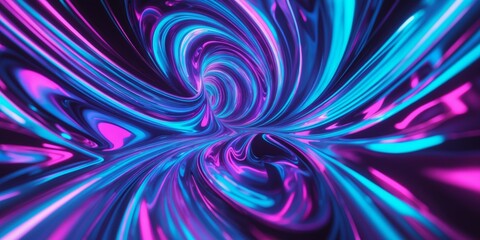Dynamic Abstract Composition of Glossy Blue and Purple Swirling Shapes with Neon Lighting