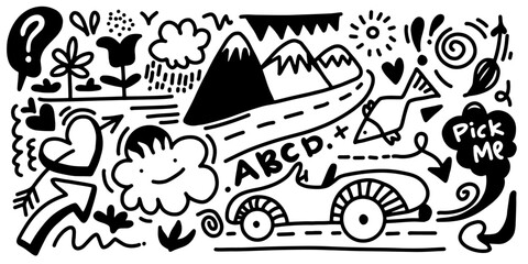 Hand drawn doodles, various children drawings in cartoon style, hill, cloud, car.. Kids drawing clipart
