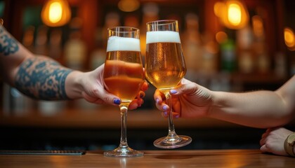Cheers! Two friends clinking beer glasses in a cozy bar, enjoying a moment of camaraderie and relaxation.  The warm lighting and blurred background create a comfortable and inviting atmosphere.
