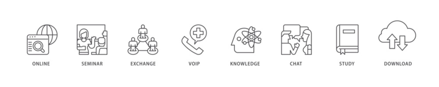 E-learning icon set flow process which consists of online, seminar, exchange, voip, knowledge, chat, study and download icon live stroke and easy to edit .