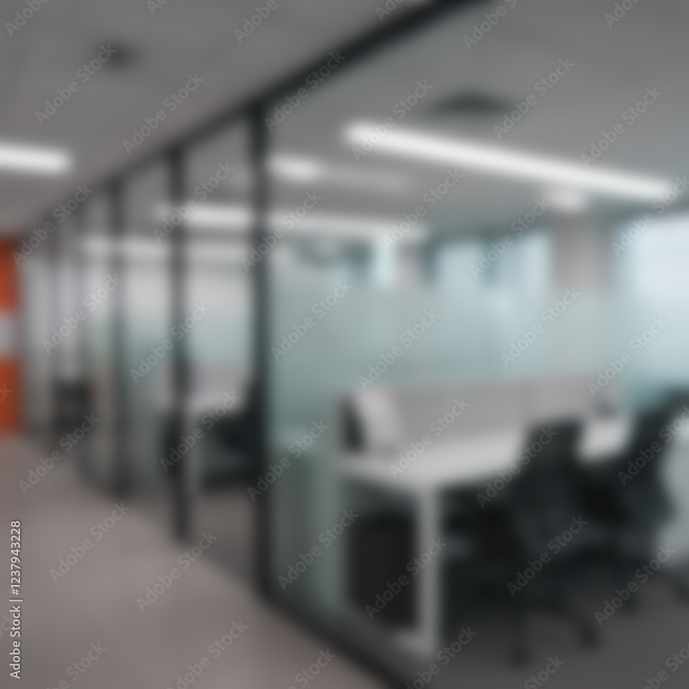 Poster ai image presents a deliberately blurred image of a modern office with glass cubicles, offering an a
