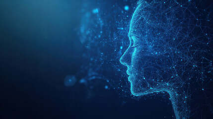 digital representation of human face created with interconnected lines and dots, symbolizing AI and technology. blue tones evoke sense of innovation and futurism