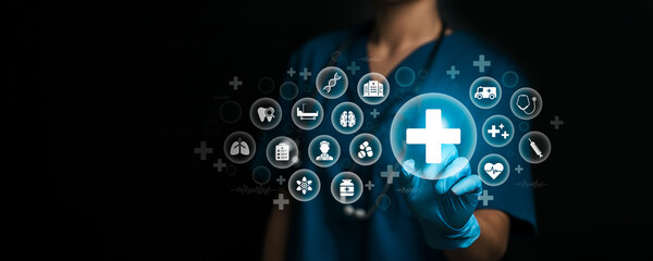 Medical insurance, medicine concept. Digital healthcare and network connection, Doctor touching icons displayed on a virtual screen, online health, medical technology and futuristic concept.