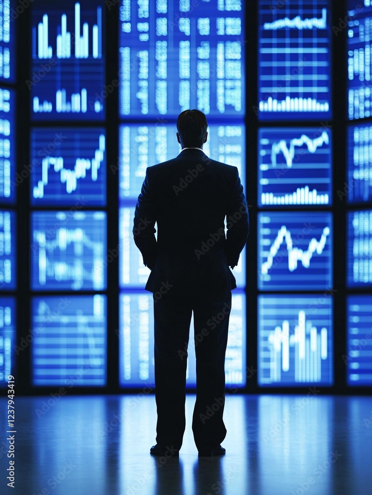 Poster 10. a business leader managing time effectively with multiple screens and charts in the background, 