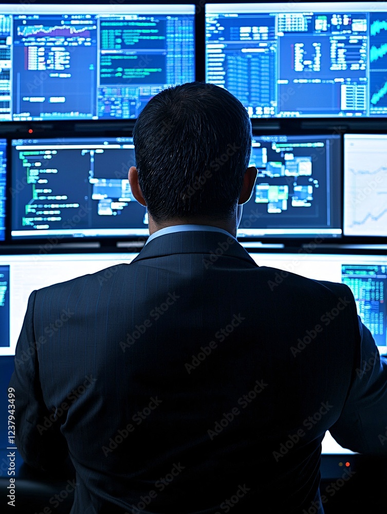 Poster 10. a business leader managing time effectively with multiple screens and charts in the background, 