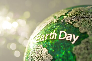 Close-up of a green globe with intricate etchings of continents and the words "Earth Day" shimmering in soft sunlight.