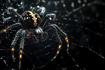 Obraz premium spider on a black background, spider on a blank black background, a spider, spider, cute spider, black background, copy space for add text, 3d rendering, 3d, vector, AI generative