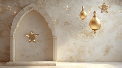Elegant Islamic Archway Decorated With Golden Stars and Lanterns