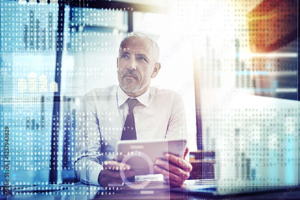 Leinwandbilder Businessman, tablet and overlay of data in office for program testing, algorithm analysis or software development. Night coding, mature person or programmer with troubleshooting or system maintenance