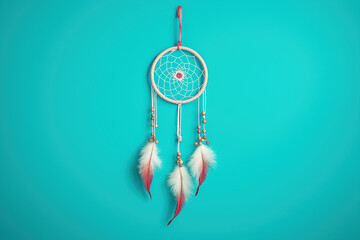 Dreamcatcher with red and white feathers against a teal background