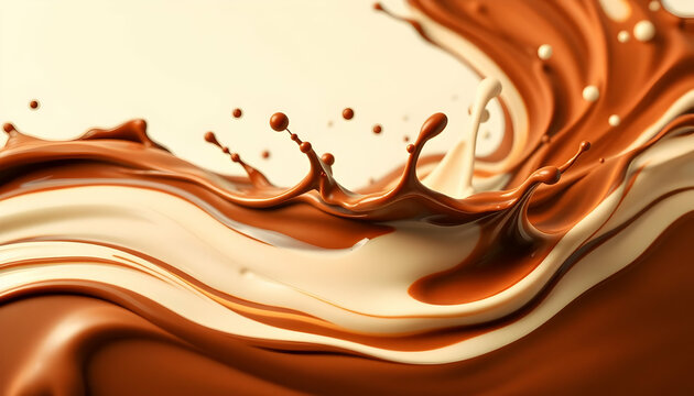 Liquid chocolate and cream swirls, abstract fluid art, high-resolution, dynamic motion, glossy texture, contrasting colors, warm tones, splash effect, smooth curves, 3D rendering, digital art, minimal