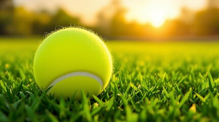 a tennis ball lies on the lawn against the backdrop of sunset