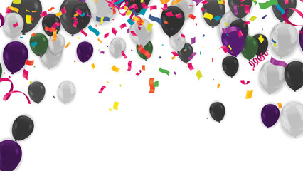 purple wallpaper with lots of 3d realistic glossy balloons and confetti on transparent background with blank space for greeting text