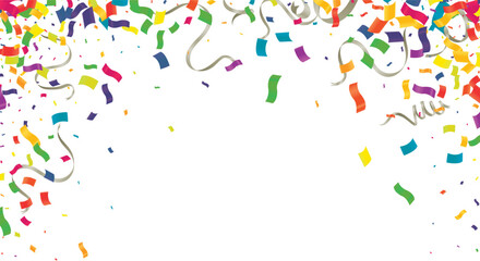 Colorful confetti and serpentine ribbons falling from above. Streamers, tinsel vector seamless frame border background in simple flat cartoon