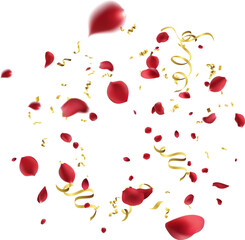 Rose petals or sakura flying petals, romantic background with realistic pink cherry flower petals flow or falling motion. Love, many falling gold tiny confetti pieces romance, floral spring season