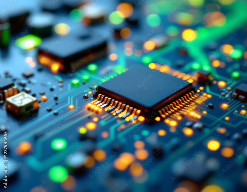 Poster ai image a detailed circuit board with a central microchip, highlighted by glowing orange and green 