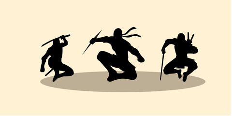 Graphic set silhouette of ninja illustration. Icon of assasin shadow character. Vector design. © Irham