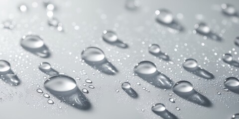 Water droplets forming on smooth surface reflecting light.