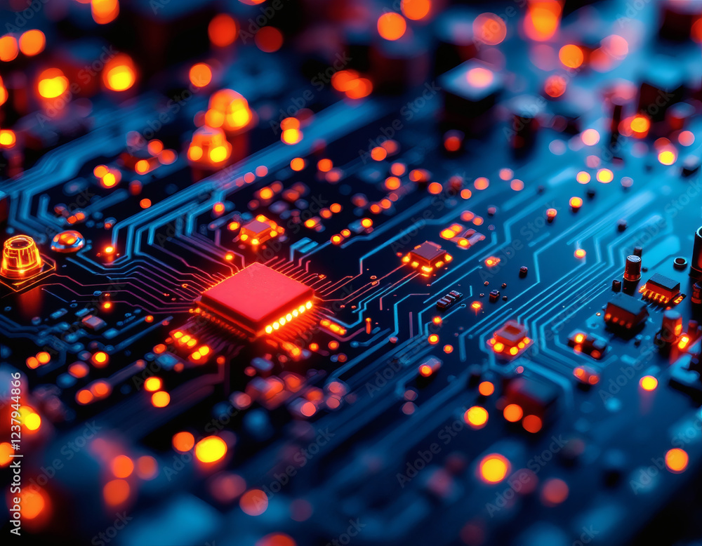 Aufkleber ai image a dark circuit board illuminated by intense orange and red lights, portraying the energetic