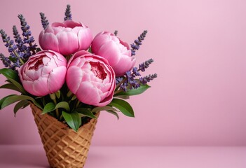 Pink peonies and lavender sprigs arranged in a waffle cone