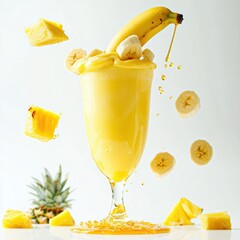 Flying yellow banana milkshake in a yellow glass with fresh bananas, pineapple chunks, and golden honey drizzling, bright white background