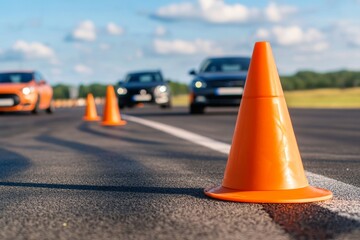 Orange Traffic Cone on Asphalt in Front of Car Training Ground