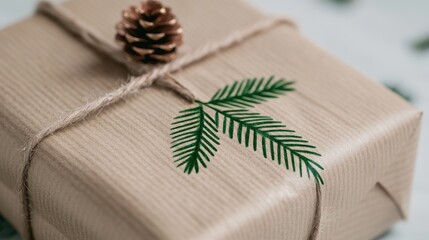 Eco-friendly gift wrapped in kraft paper, decorated with pine cone and sprig, on neutral background; holiday present