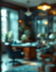 Ai image a traditional office with a wooden desk, a chair, and several plants; everything appears out of focus, giving it an ethereal feel.