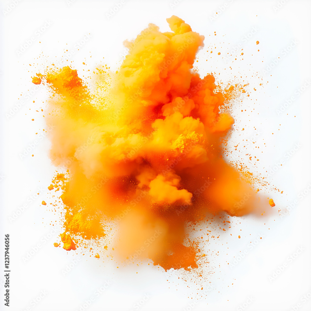 Poster Abstract cloud in rich orange tones on a white background. Spreading particles create the effect of color exploding in the air