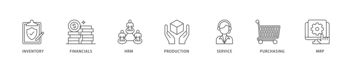 Obraz premium ERP icon set flow process which consists of inventory, financials, hrm, production, service, purchasing, and mrp icon live stroke and easy to edit .