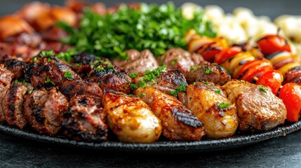 Grilled meats platter, vegetables, herbs. Food photography for restaurant menu