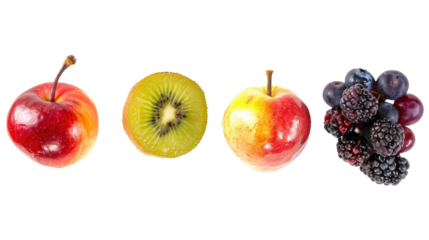 Fresh apples, kiwi, blackberries, blueberries and cherries on transparent background