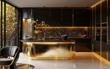Golden kitchen with metallic accents, dark cabinetry, and a refined aesthetic, adding a touch of glamour and modernity