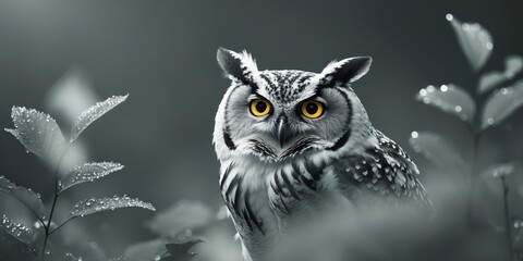 Naklejka premium Mysterious Owl Peering Through Leaves at Night.