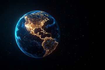 Obraz premium From a celestial viewpoint, an image of a cyberspace globe with an intricate artistic network design, illuminated by sunlight, serves as the background