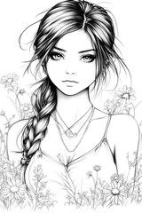 Fototapeta premium A woman with long hair and a necklace is sitting in a field of flowers. The flowers are in various colors and sizes, and they are scattered throughout the scene. The woman's hair is braided