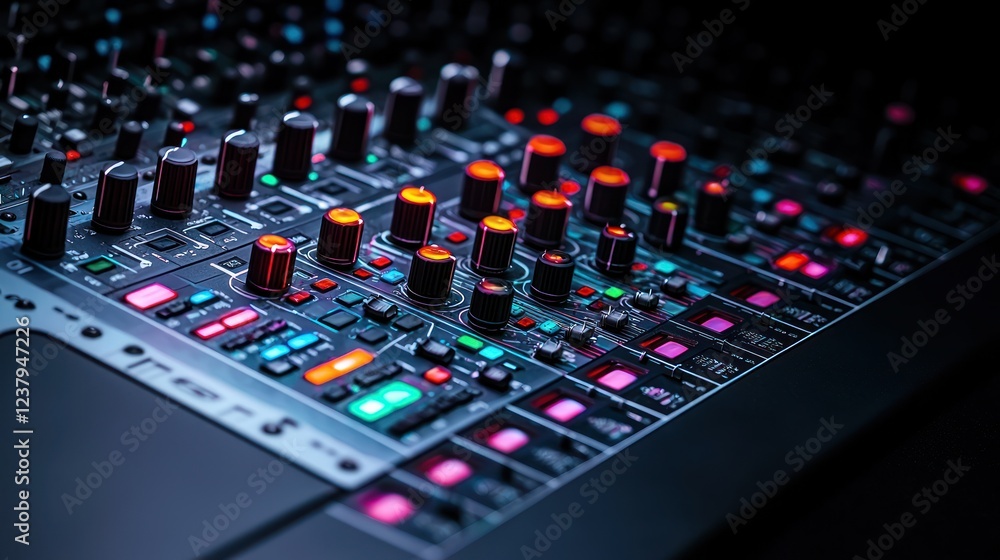 Poster close-up view of illuminated audio mixing console