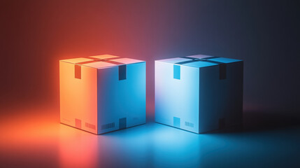 Stylish product boxes illuminated in contrasting colors, showcasing new arrivals and best sellers. vibrant lighting creates dynamic visual appeal