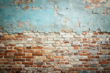 Naklejka premium A Weathered Brick Wall with Peeling Light Blue Plaster A Textural Background Image