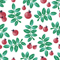 Vector illustration watercolor branches with berries seamless pattern. Floral organic background. For textile, wallpaper and packaging. Transparent background