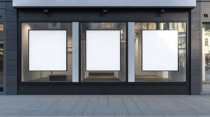 Empty storefront with customizable display windows, ideal for retail promotions and advertising. modern design features three blank frames, inviting creativity and engagement