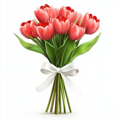 bouquet of red tulips tied with a white ribbon, isolated on a white background for Saint Valentines Day