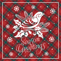Christmas Bird, Holly leaves, Snowflakes, and Season Greetings Text Isolated. Red and Green Plaid Background- Christmas Plaid and Bird Vector Illustration.
