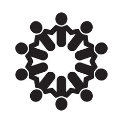 A clean and professional business icon of a group of people in a bold silhouette vector style. The people are arranged in a circle, with each person holding hands with the person beside them. The back