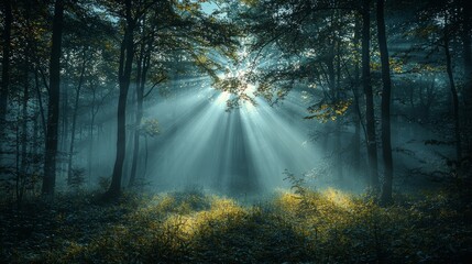 Fototapeta premium Sunbeams in misty forest, tranquil morning scene, nature's peace, ideal for relaxation or travel publications