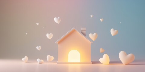 soft pastel gradient background with white hearts and glowing house.