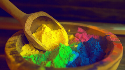 Wooden spoon dispensing vivid yellow holi powder into wooden bowl, surrounding colorful pigments highlighting festive indian cultural celebration