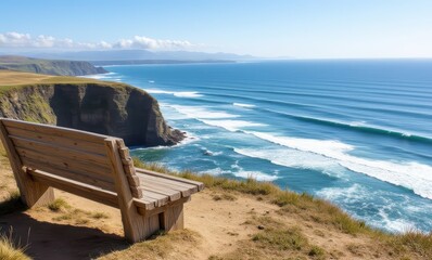 Scenic coastal view with a wooden bench