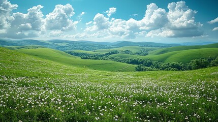 Sunny meadow, rolling hills, wildflowers, blue sky; idyllic landscape, nature background