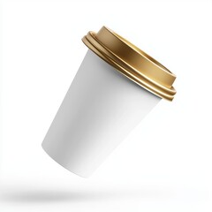 coffee cup mockup in sleek white with a gold rim on the lid and a blank sleeve for branding, floating mid-air, isolated on a bright white background